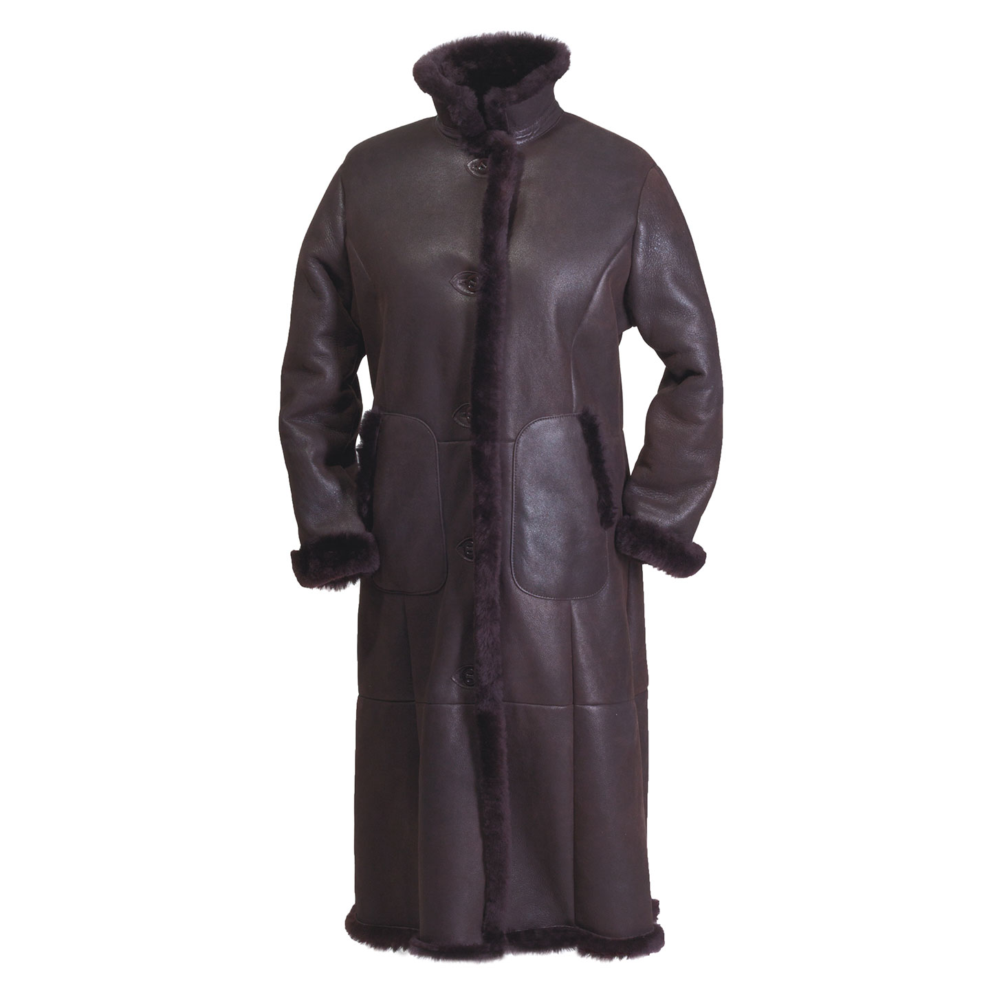 Lammfellmantel Wiessee für Damen, in elegantem langen Schnitt, Vorderansicht, Kragen hochgestellt
