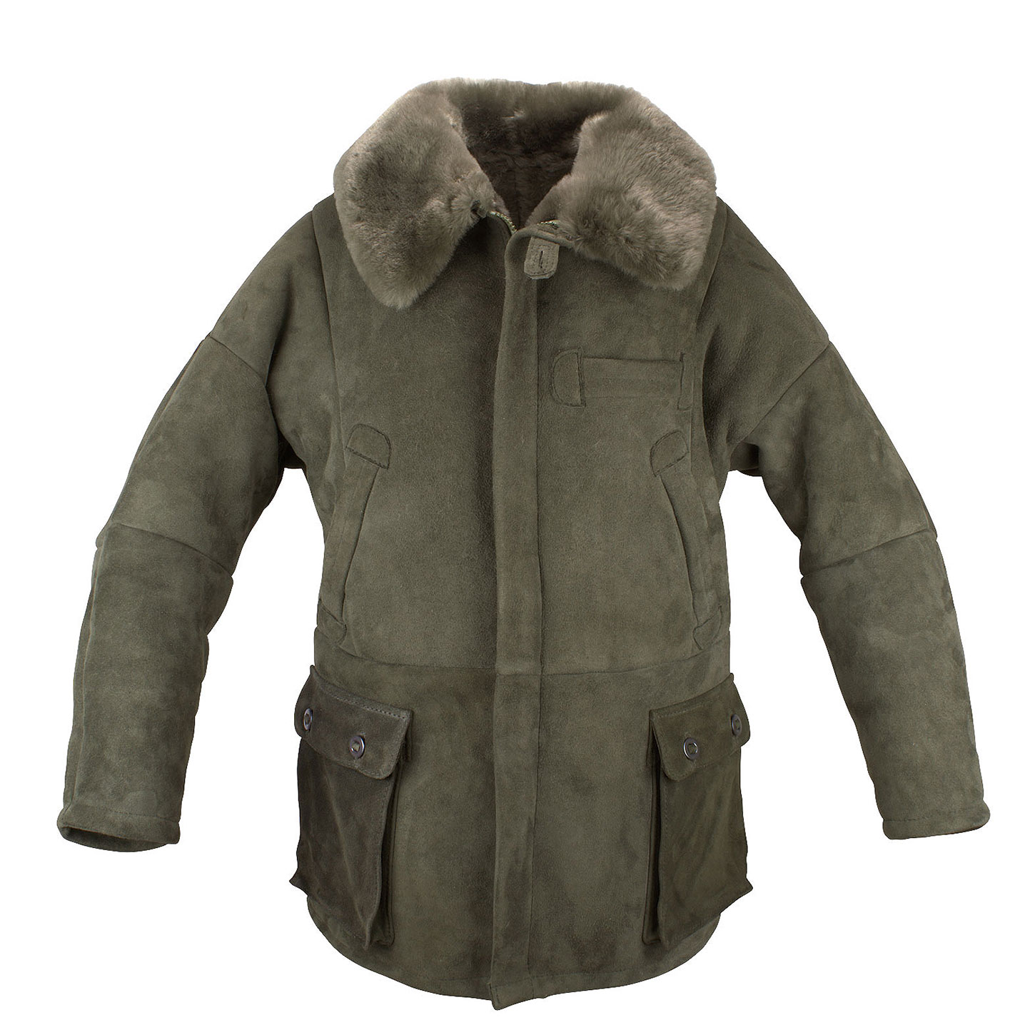 Jagdjacke Grönland mit aufgesetzten Cargotaschen, echt Lammfell, Farbe Oliv, Vorderansicht