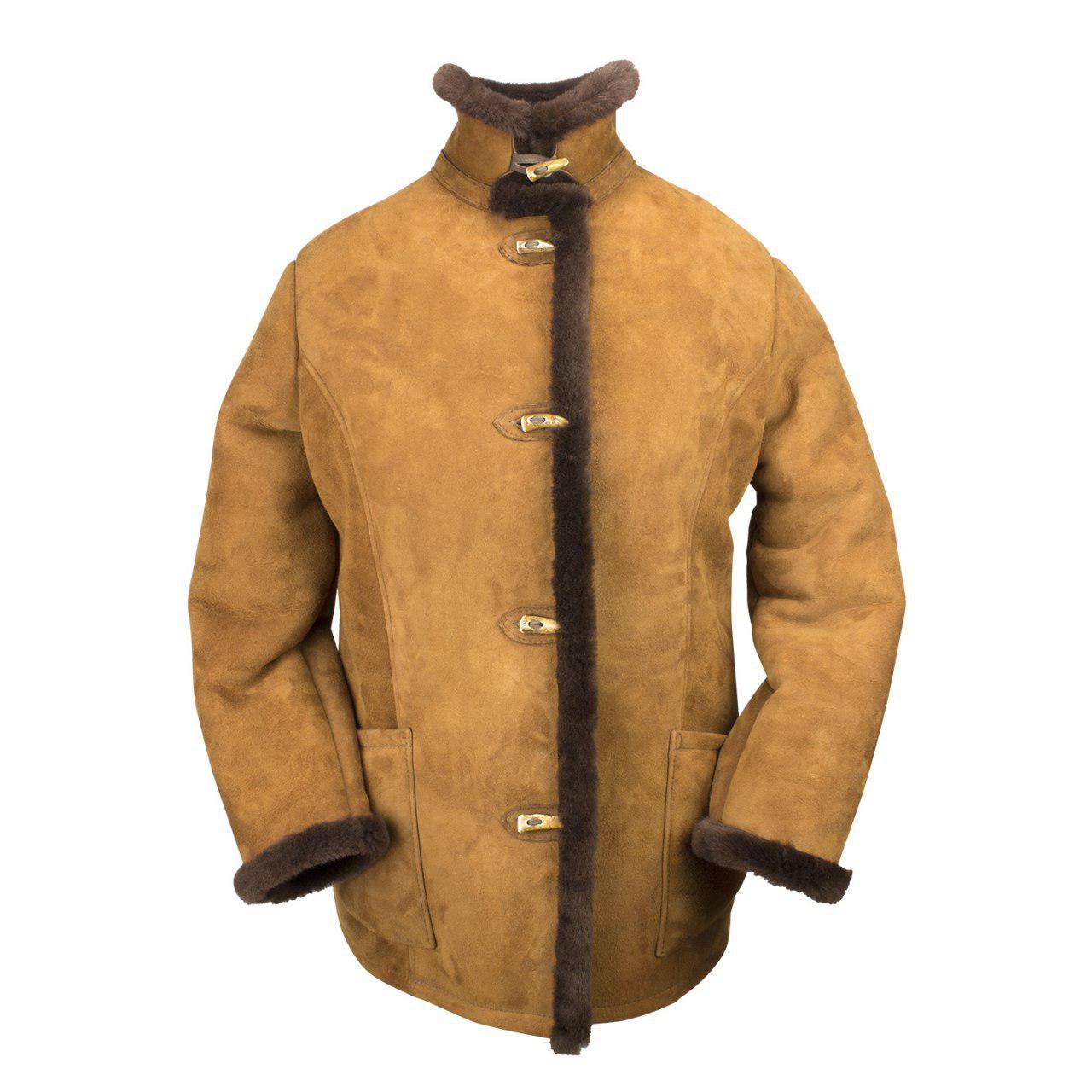 mmfelljacke Oslo für Damen, Farbe Cognac, in elegantem tailliertem Schnitt, Vorderansicht mit hochgestelltem Kragen