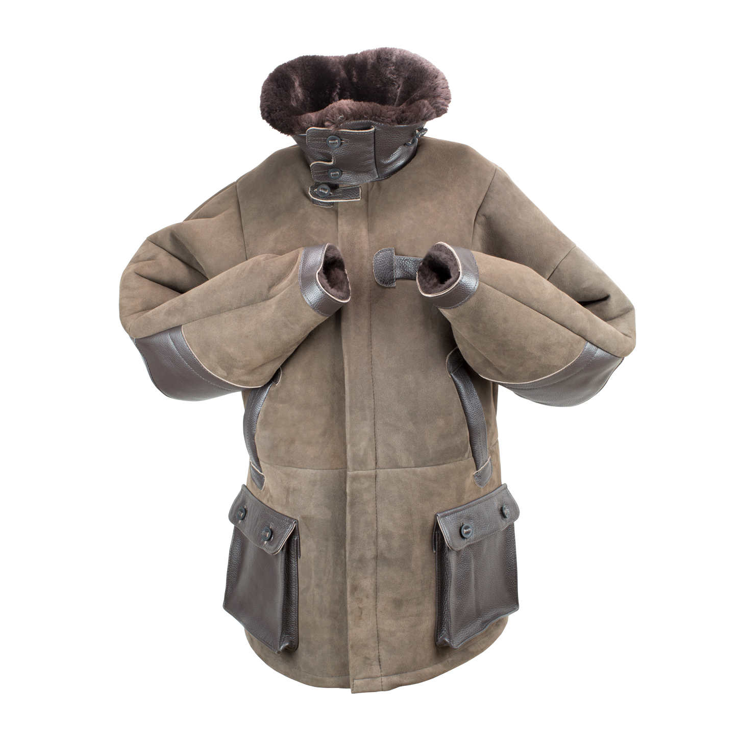 Jagdjacke Hunter, echt Lammfell, Farbe Braun, Vorderansicht mit hochgestelltem Kragen