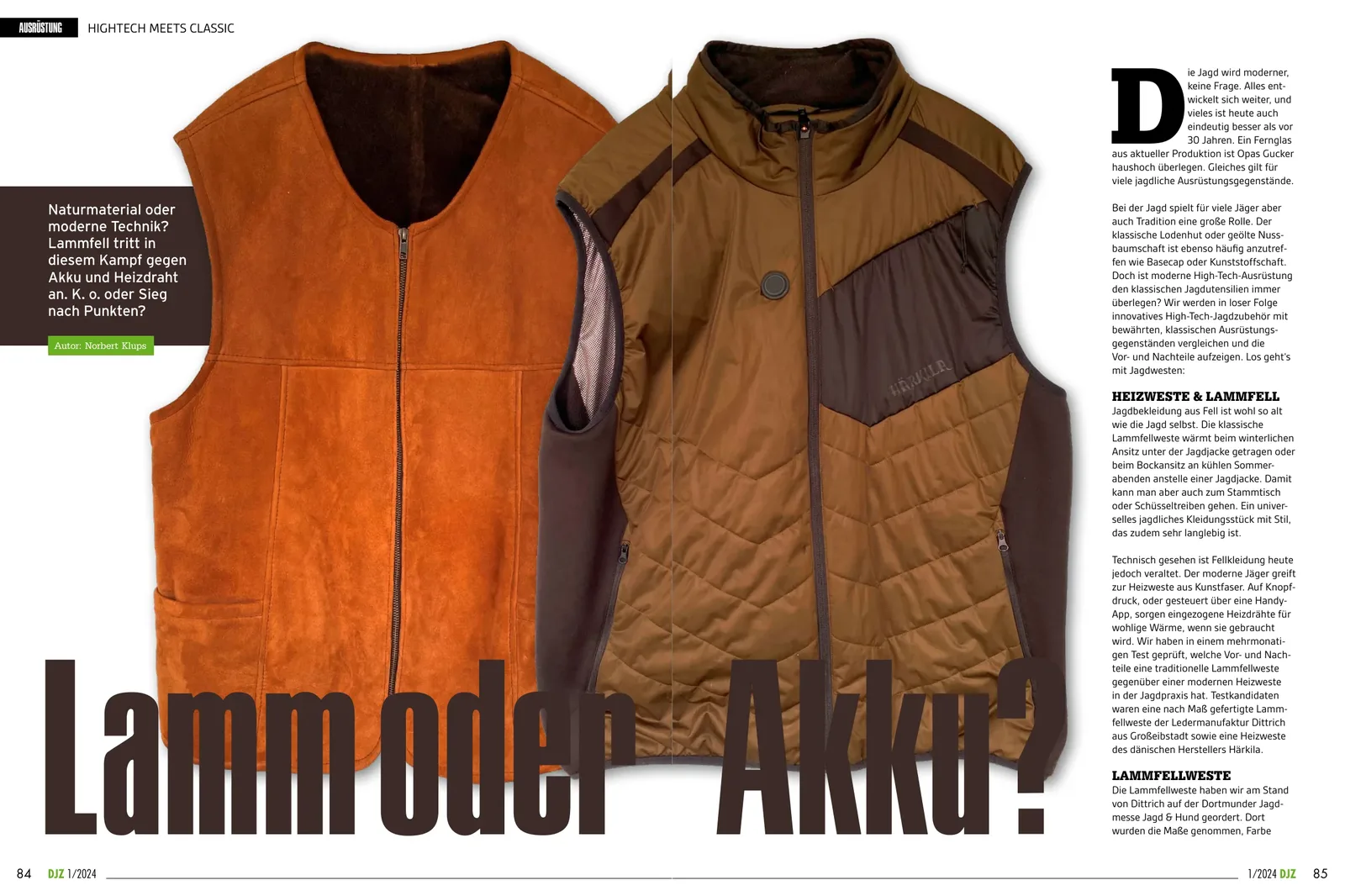 DJZ 1/2024, Auftaktdoppelseite „Lamm oder Akku?“: Lammfellweste und Heizweste im Vergleich
