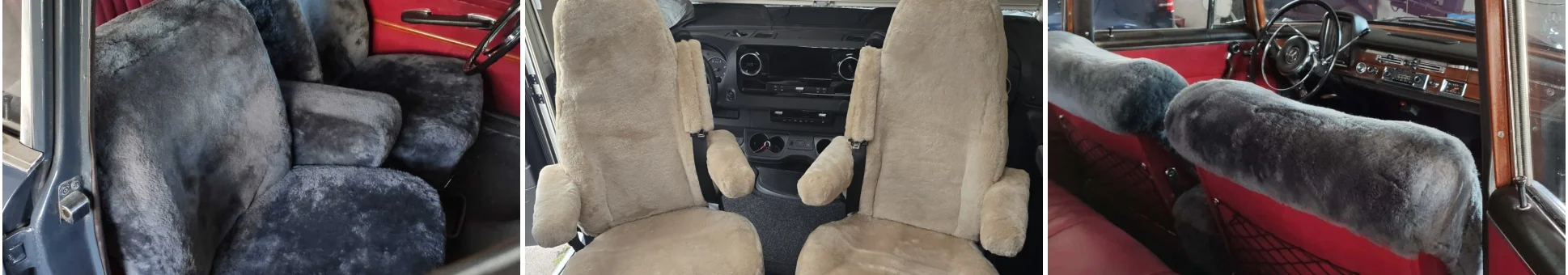 Autositzfelle aus Lammfell: Mercedes W110 Heckflosse in Anthrazit, AGUTI-Pilotensitze im Wohnmobil in Sand, Mercedes W110 Rückansicht in Anthrazit