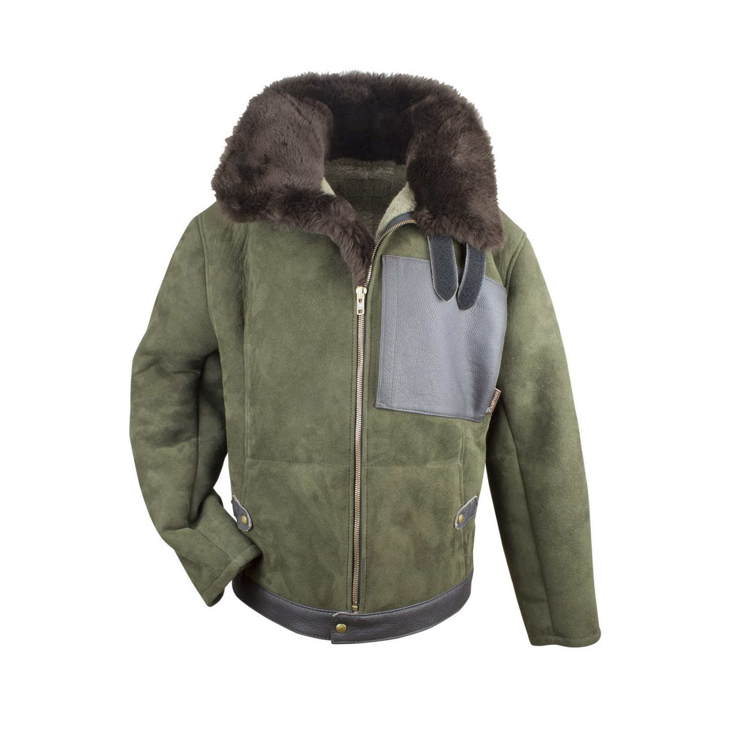 Pilotenjacke / Fliegerjacke aus echtem Lammfell in der Farbe Oliv mit aufgesetzter Kartentasche, Vorderansicht
