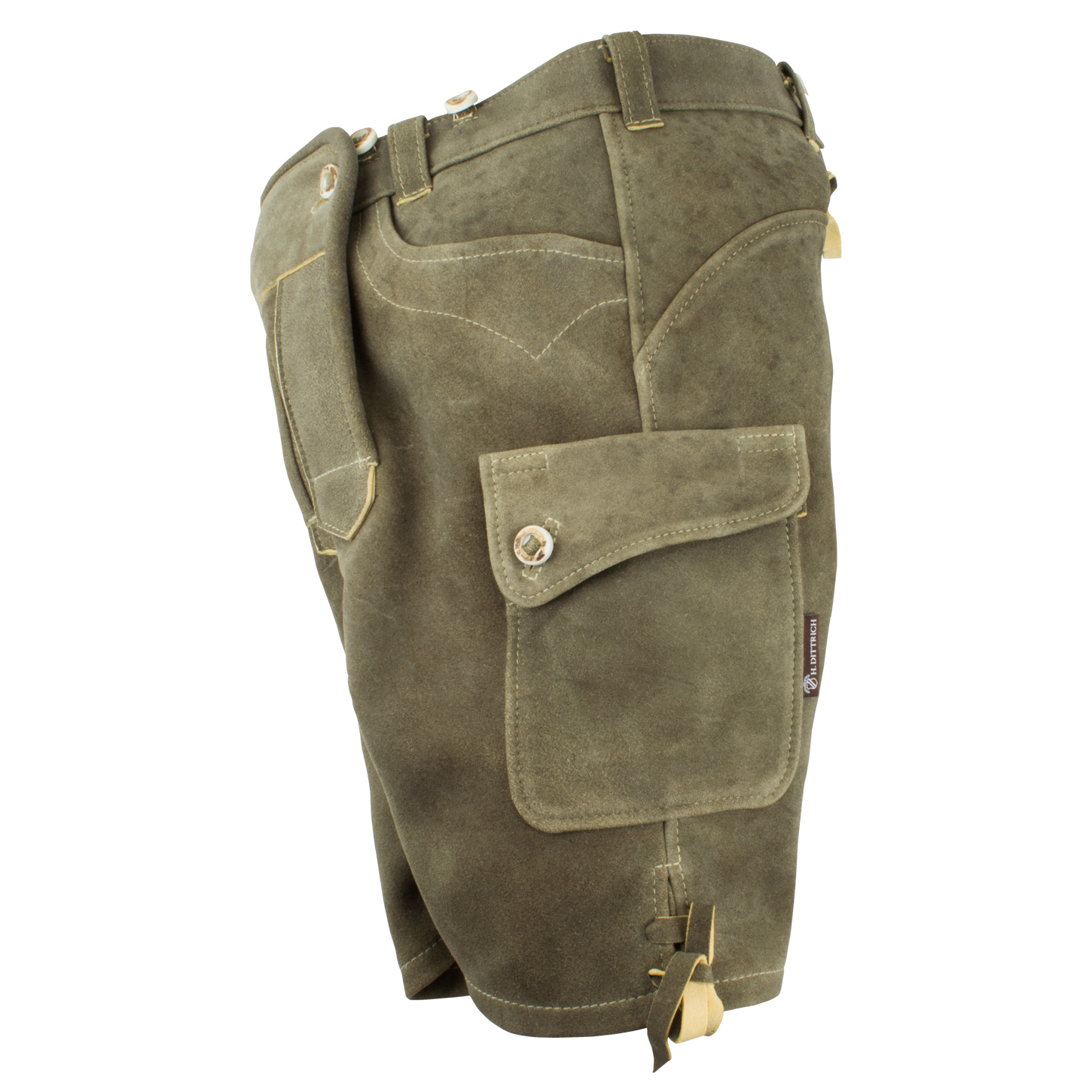 Kurze Hirschlederhose »Tracht« in Farbe Oliv in Seitenansicht. Die Cargotasche ist gut zu erkennen.