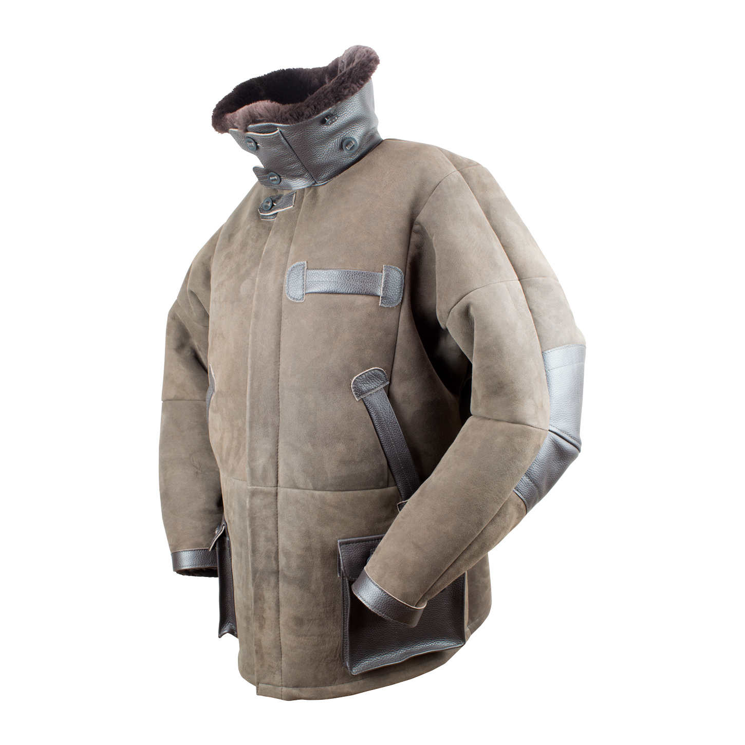 Jagdjacke Hunter, echt Lammfell, Farbe Braun, Seitenansicht mit hochgestelltem Kragen