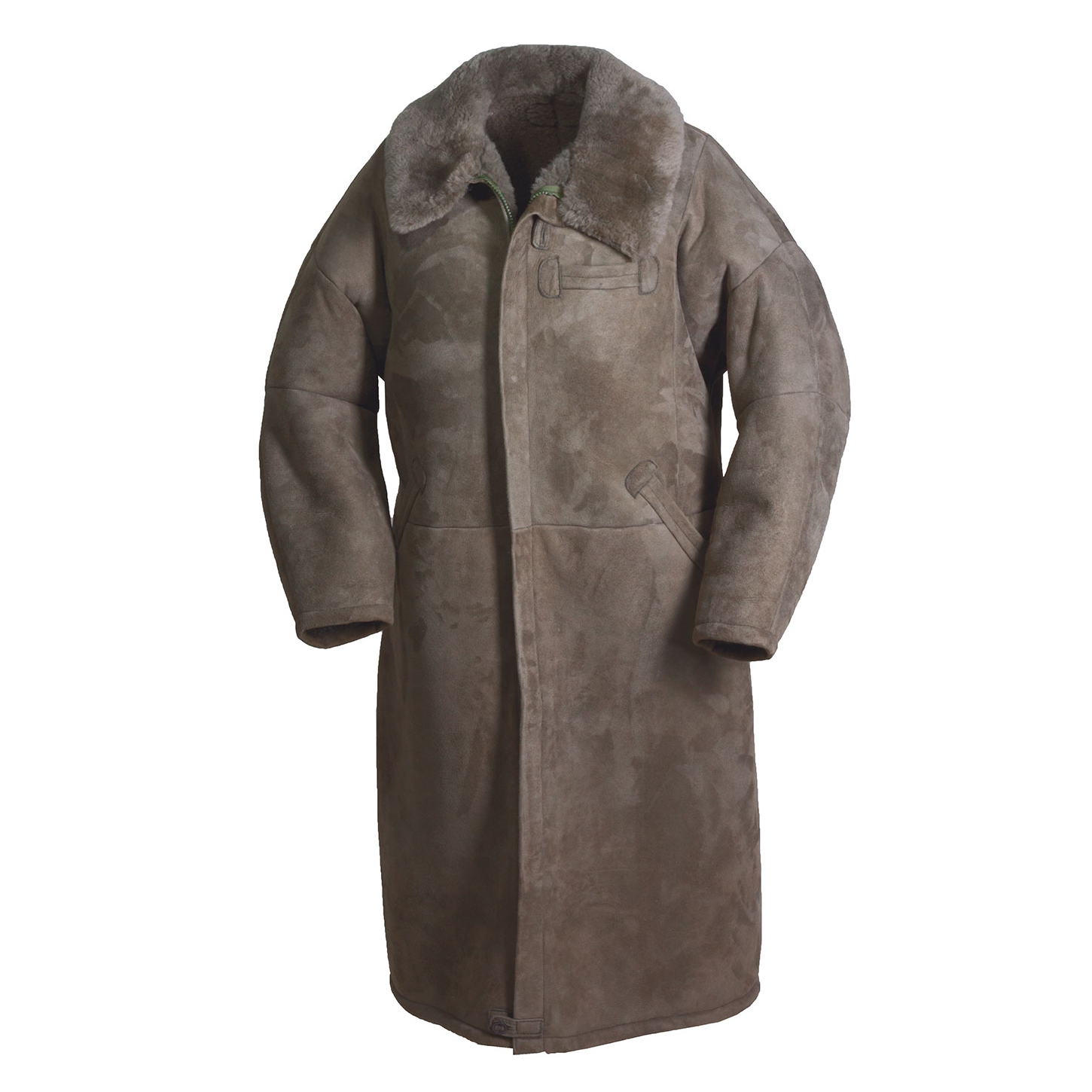 Jagdmantel aus echtem Lammfell in der Farbe Oliv, unisex, lang geschnitten mit hohem Fellkragen und anatomisch geformten Ärmeln