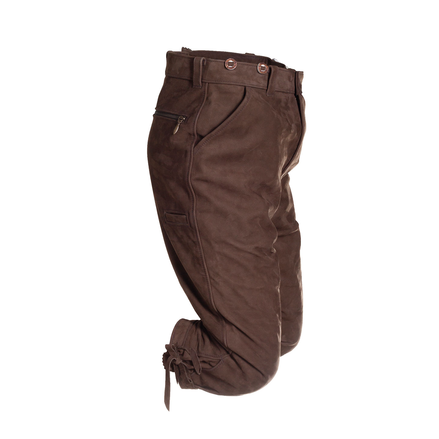 Rindleder-Kniebundhose »Hubertus« in Farbe Mocca mit Hirschhornknöpfen für Hosenträger in Seitenansicht