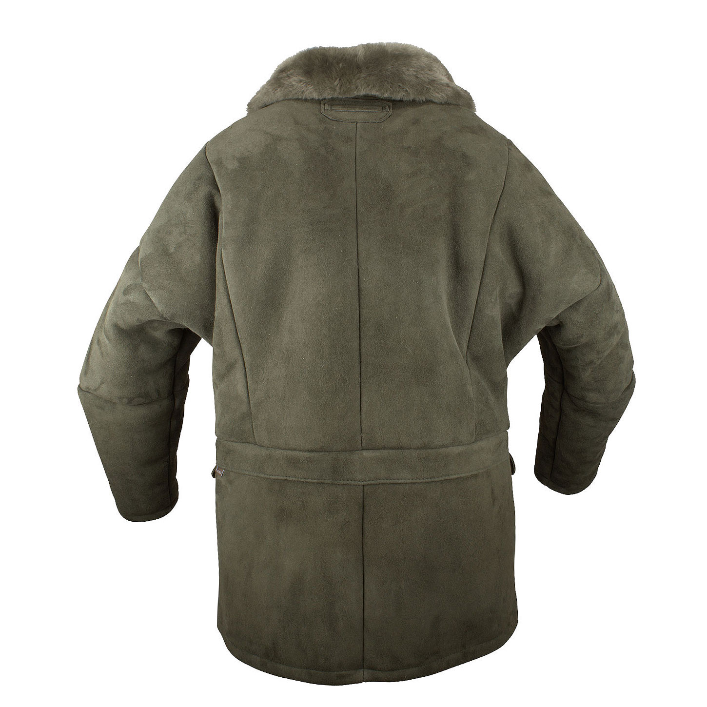 Jagdjacke Grönland mit aufgesetzten Cargotaschen, echt Lammfell, Farbe Oliv, Rückansicht