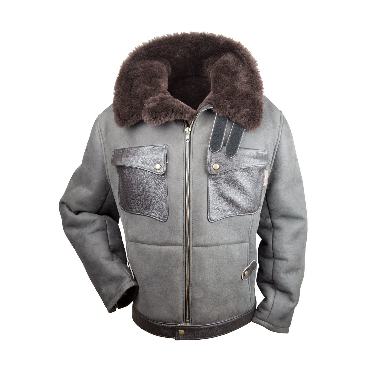 Pilotenjacke / Fliegerjacke aus echtem Lammfell in der Farbe Anthrazit mit zwei aufgesetzten Brusttaschen, Vorderansicht