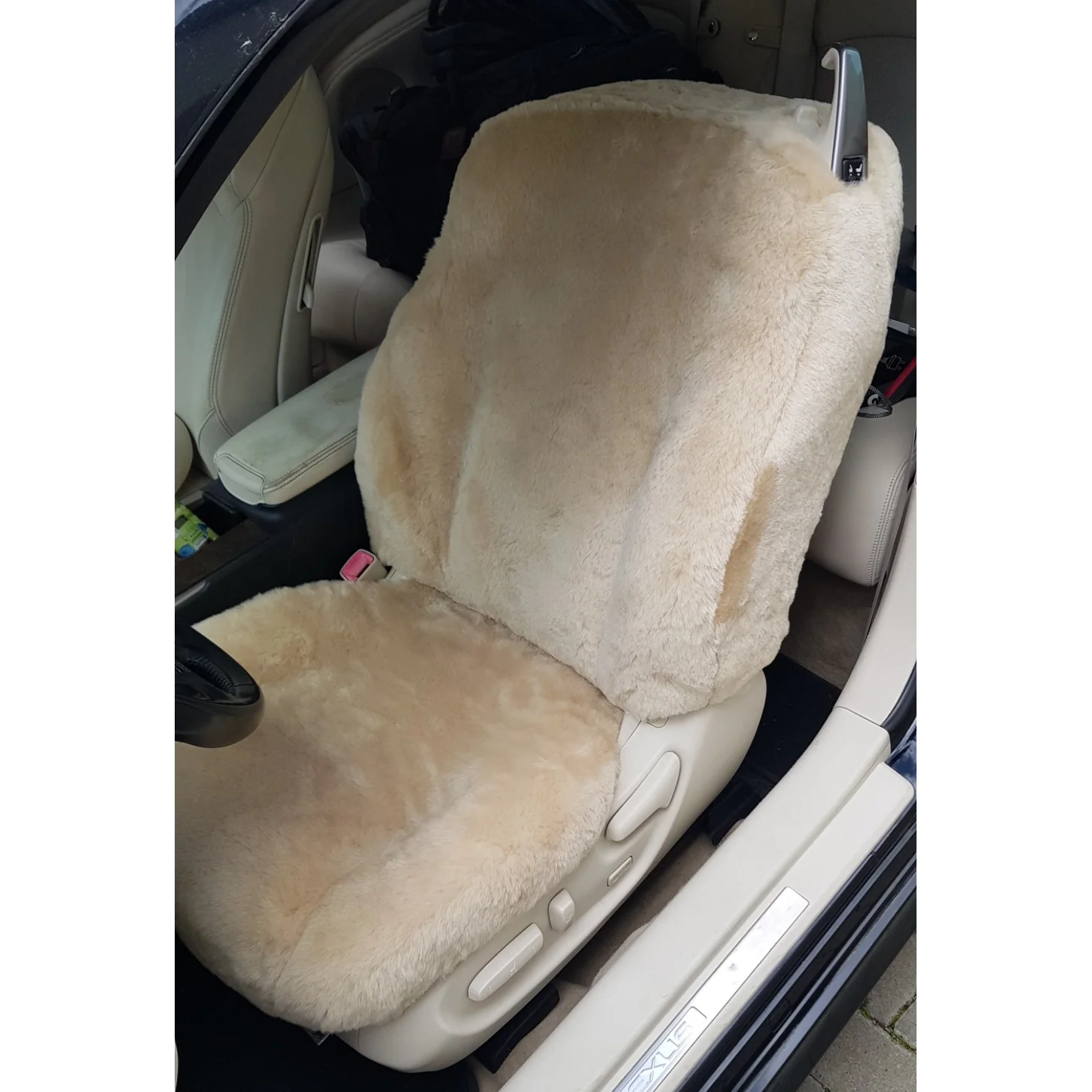 Maßgefertigter Autositzbezug aus Lammfell für den Fahrersitz des Lexus IS 250C in Farbe Sekt, Vorderansicht