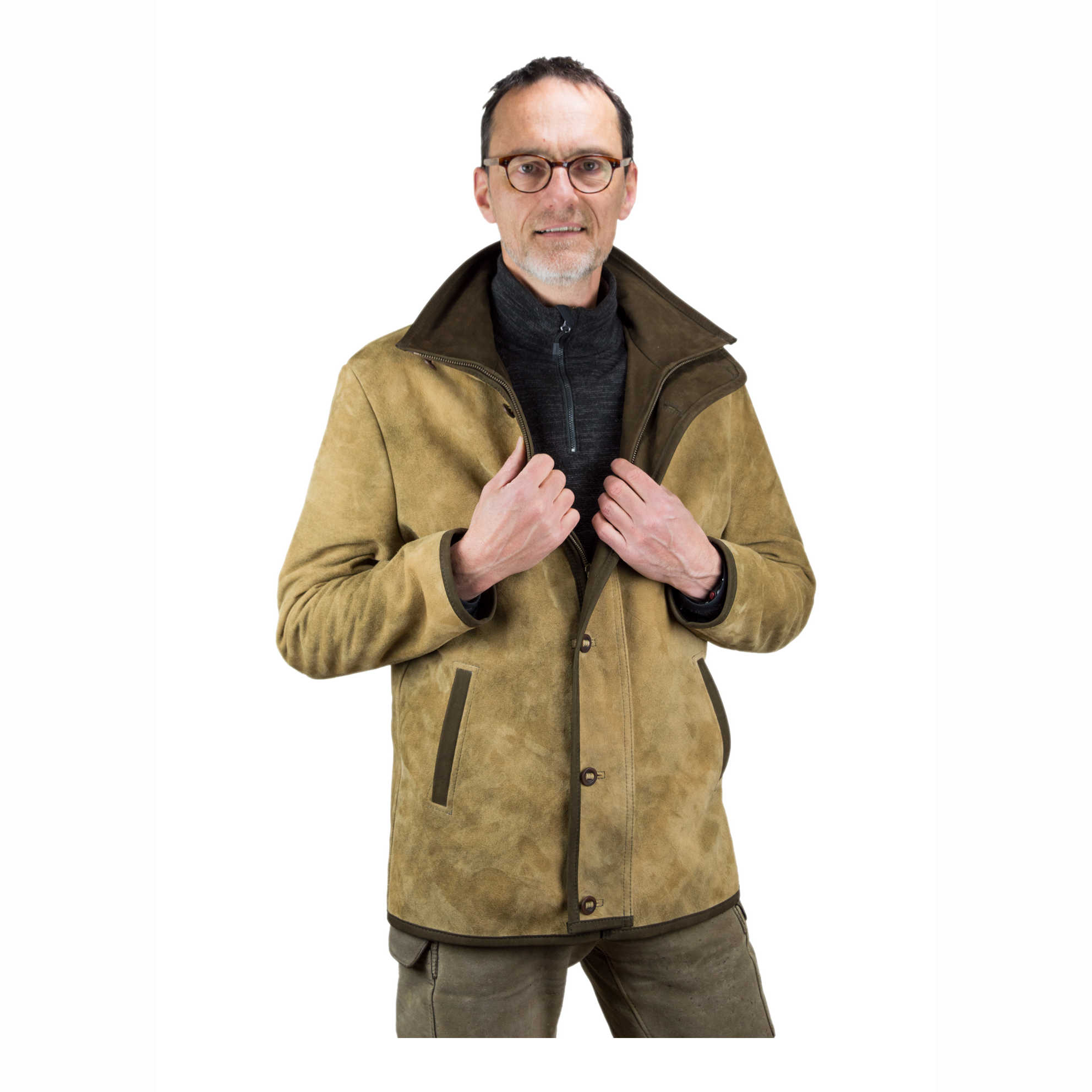 Model mit Lederjacke »Bergamo« in Vorderansicht, die Jacke ist halb geschlossen