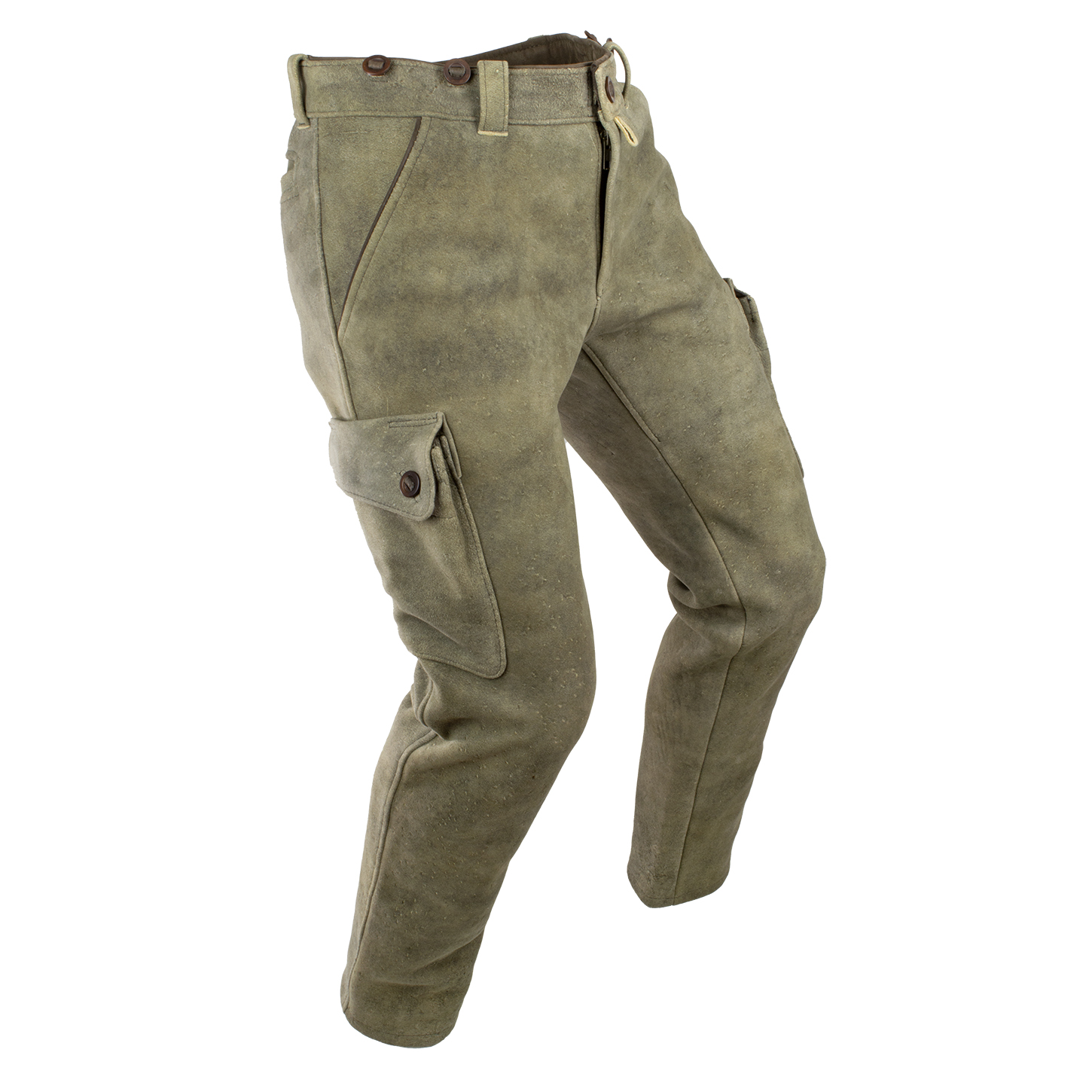 Hirschlederhose »Allround« mit Cargotaschen auf dem Oberschenkel in Farbe Oliv in Seitenansicht.