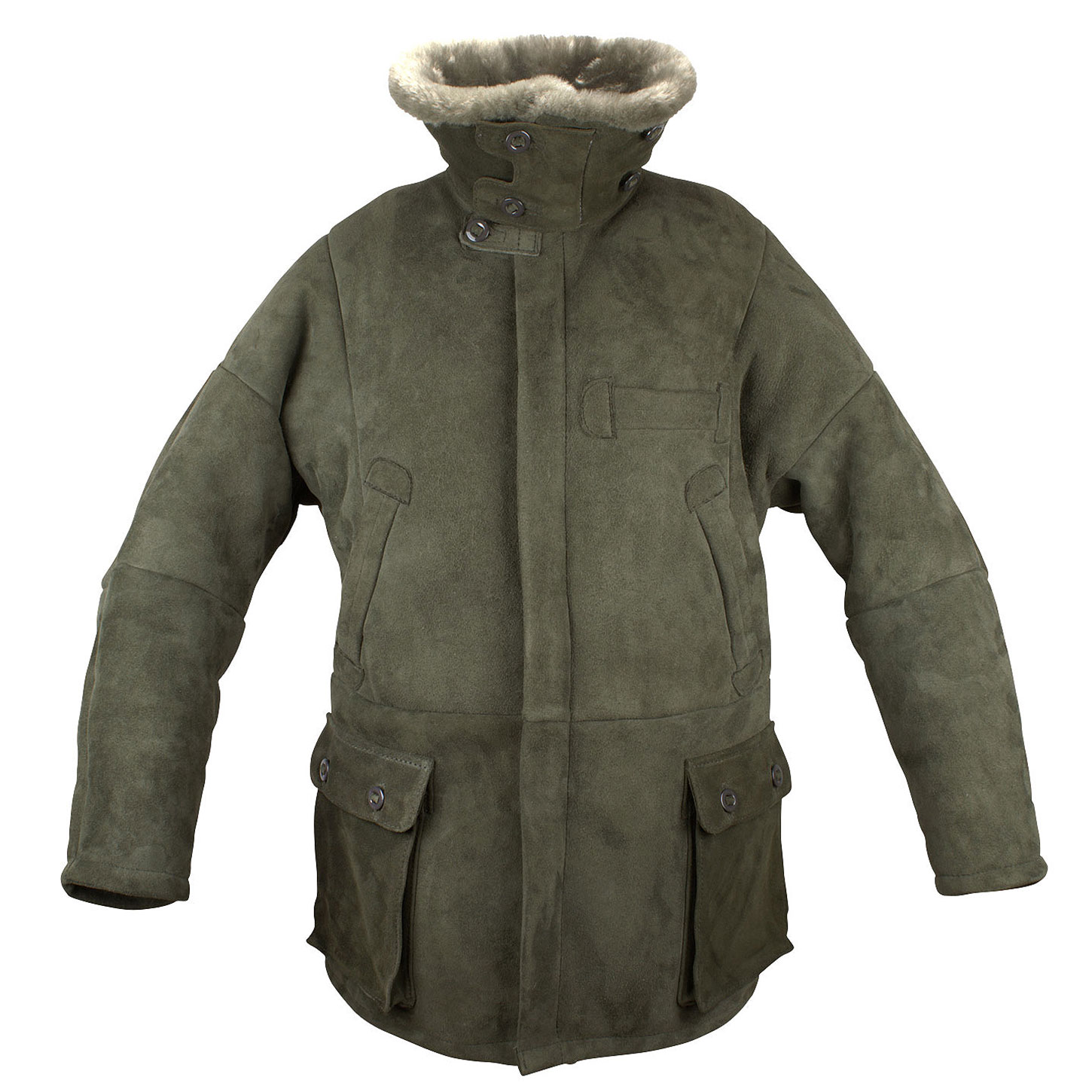 Jagdjacke Grönland mit aufgesetzten Cargotaschen, echt Lammfell, Farbe Oliv, Kragen hochgestellt, Vorderansicht
