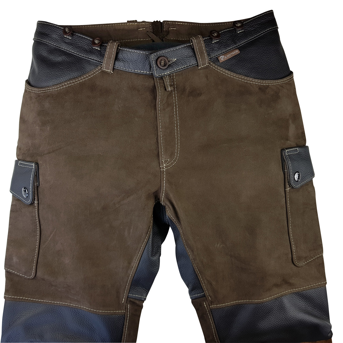 Detailansicht der Lederhose »Holzfäller« in der Kombination Mocca – Robust