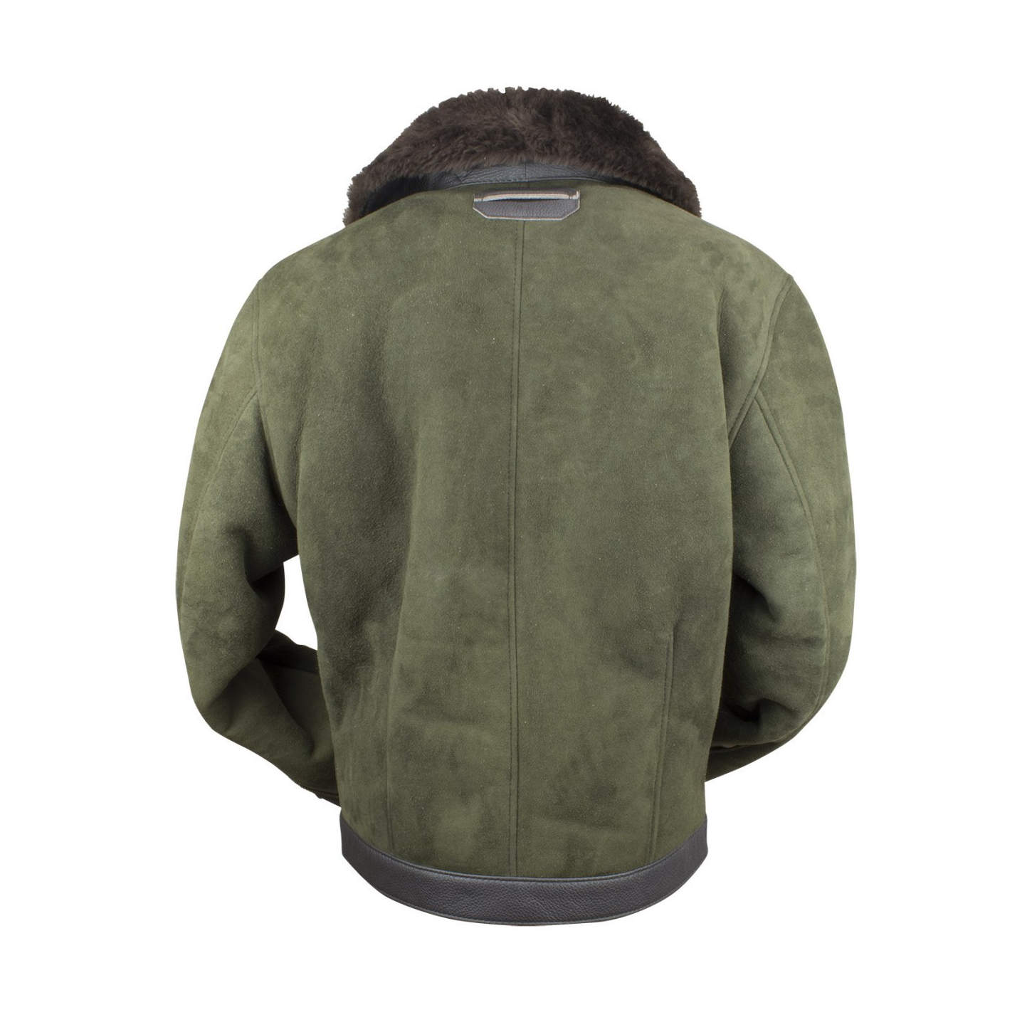 Pilotenjacke / Fliegerjacke aus echtem Lammfell in der Farbe Oliv, Rückansicht