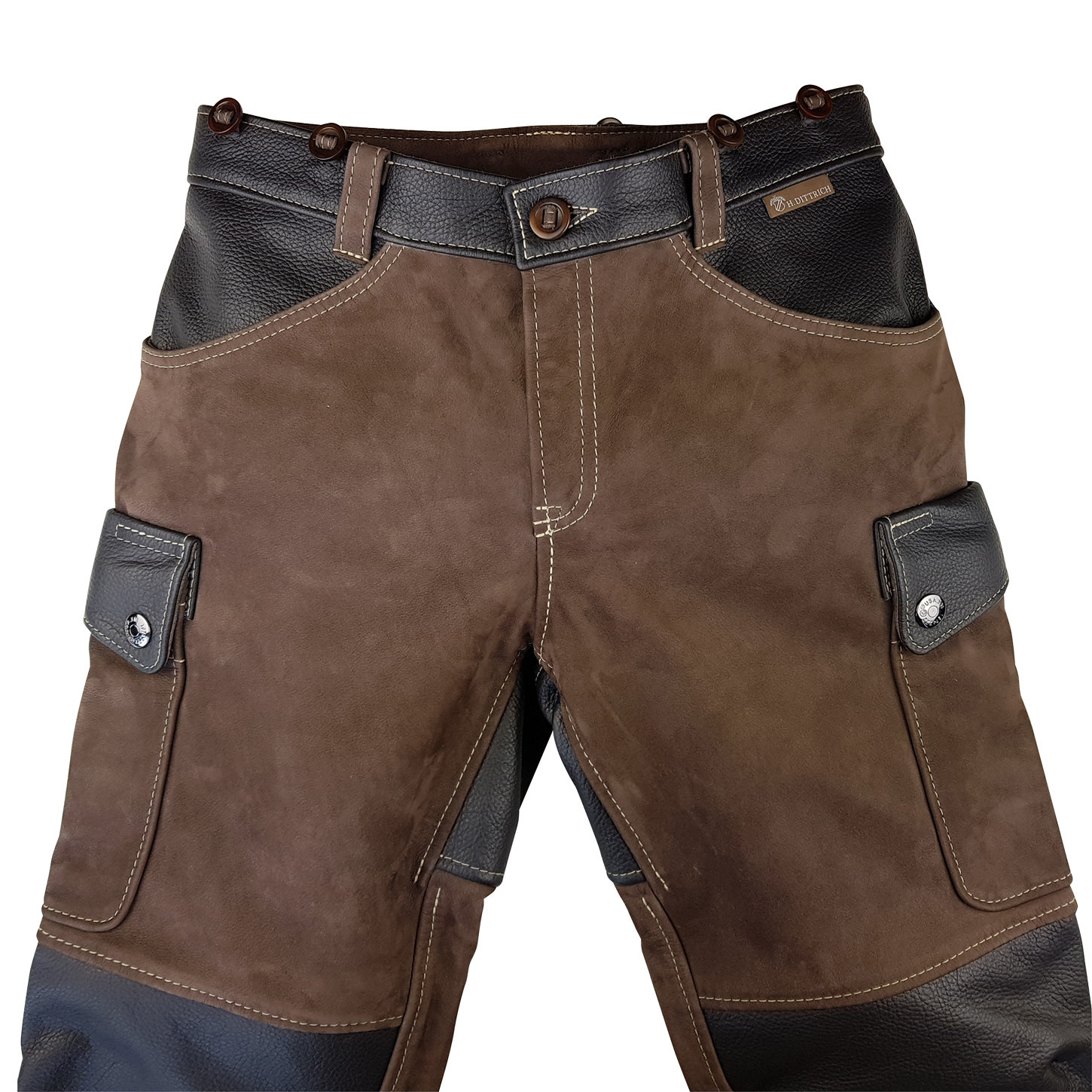 Detailansicht der Lederhose »Holzfäller« in der Kombination Schoko – Robust