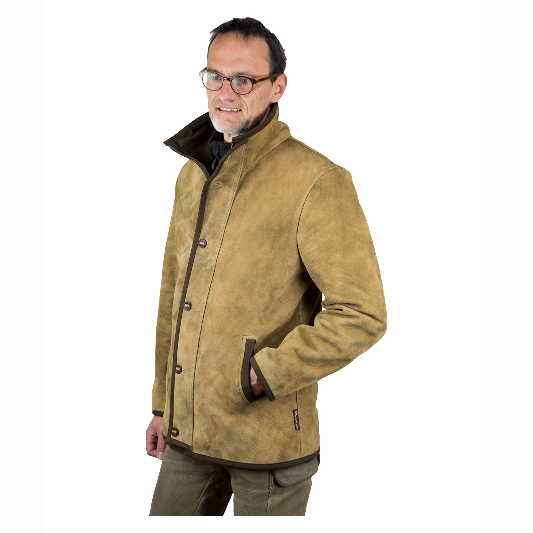 Model mit Lederjacke »Bergamo« in Seitenansicht, die Jacke ist geschlossen