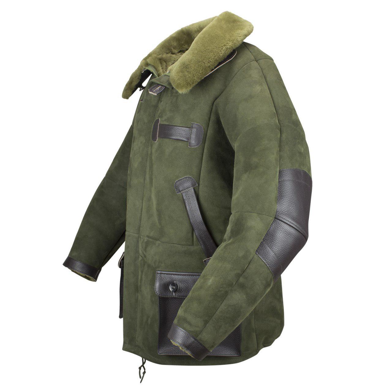 Jagdjacke Hunter, echt Lammfell, Farbe Oliv, Seitenansicht