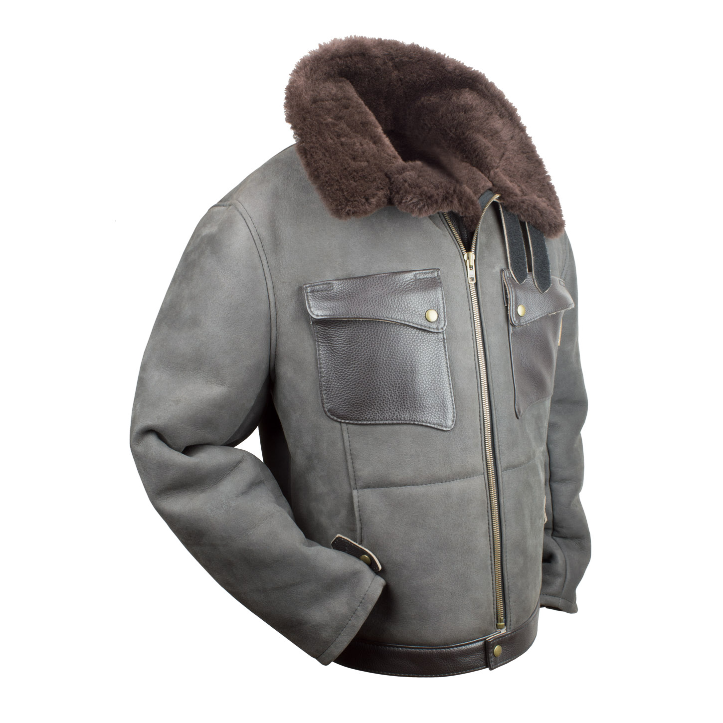 Pilotenjacke / Fliegerjacke aus echtem Lammfell in der Farbe Anthrazit mit zwei aufgesetzten Brusttaschen, Seitenansicht