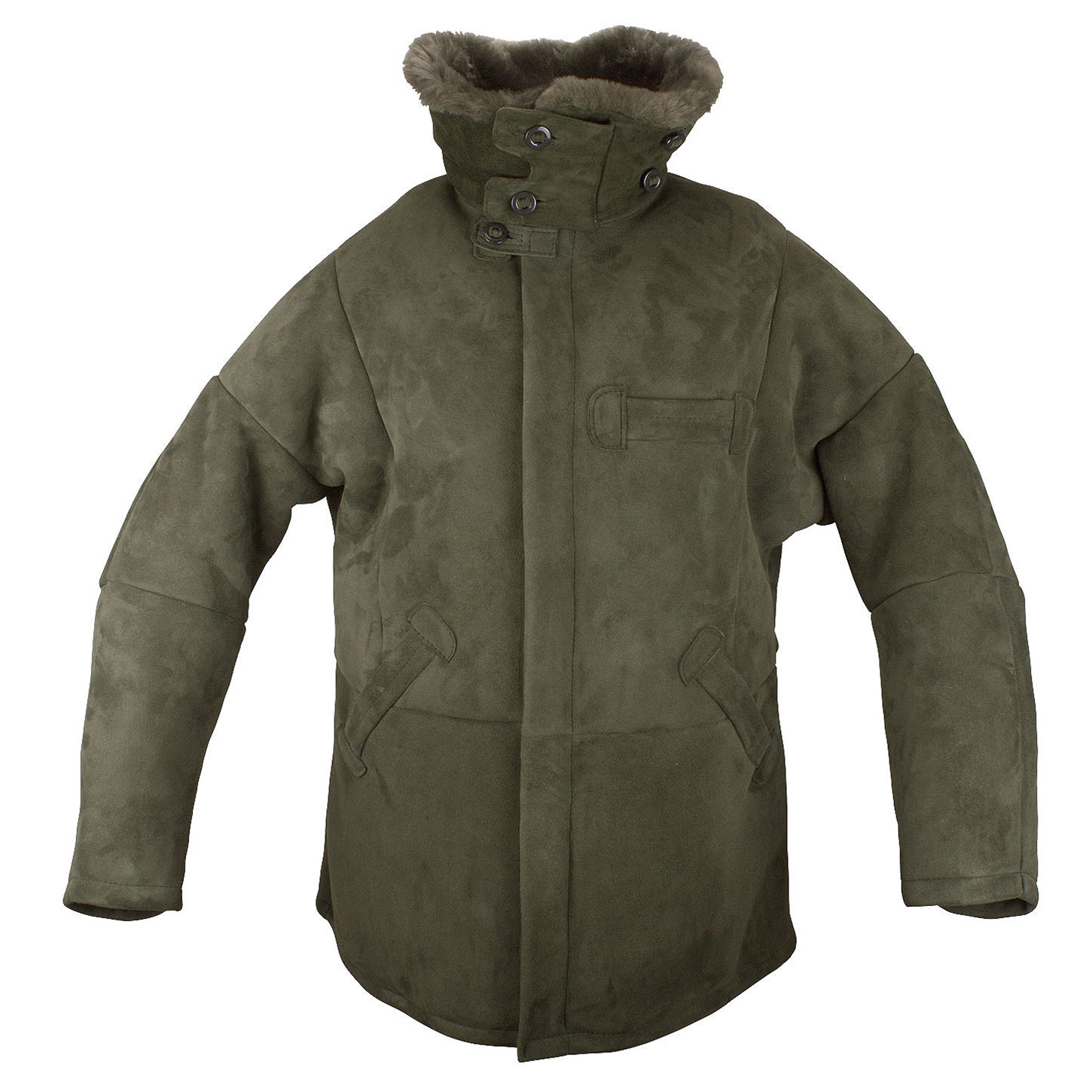Jagdjacke Arktis, echt Lammfell, Farbe Oliv, Vorderansicht, Kragen hochgestellt