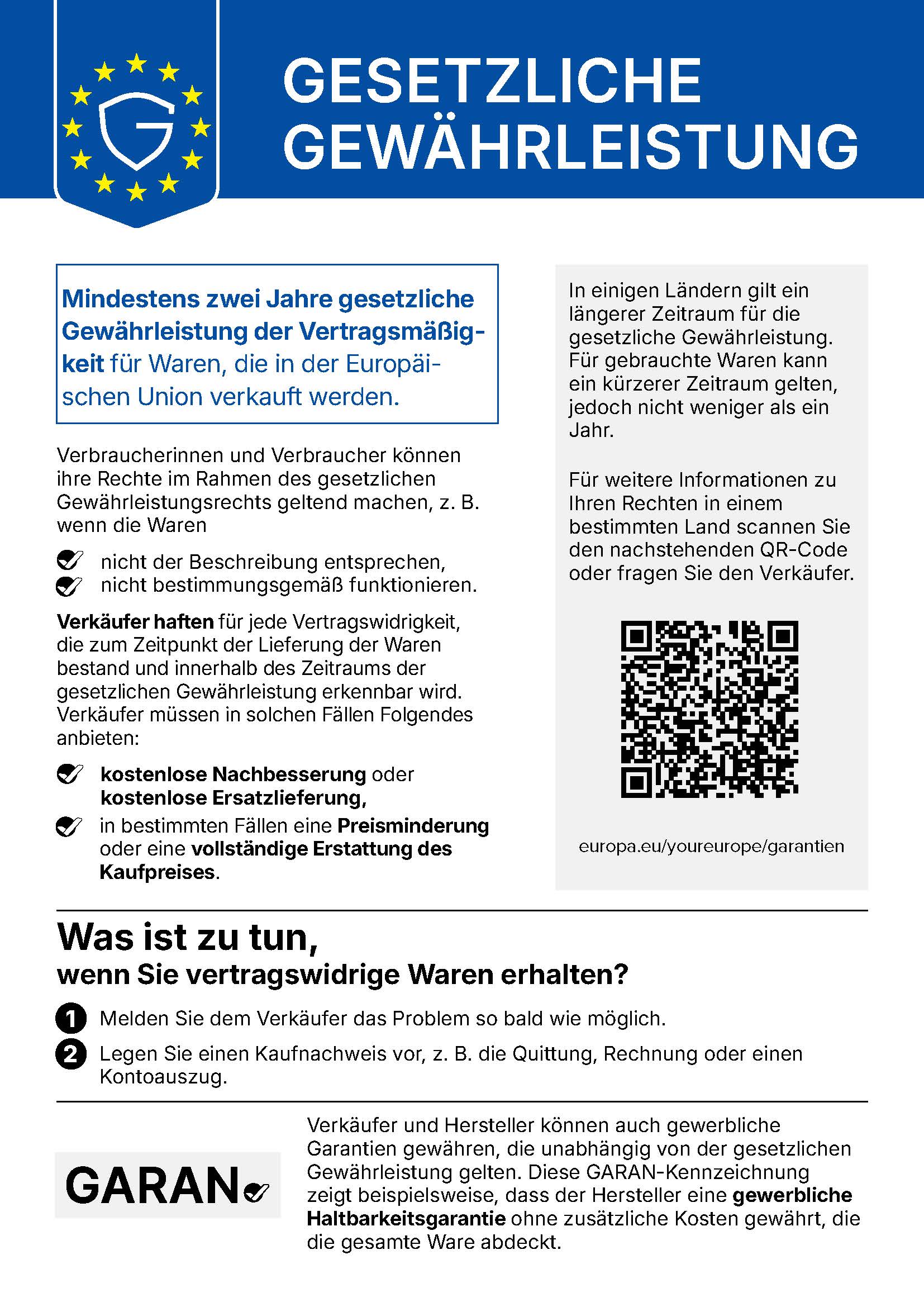 Gesetzliche Gewährleistung – Hinweis der Europäischen Union: mindestens zwei Jahre gesetzliche Gewährleistung der Vertragsmäßigkeit für Waren, die in der EU verkauft werden