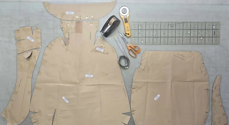 Schnittmuster aus Papier mit Schere, Maßband und Rollschneider
