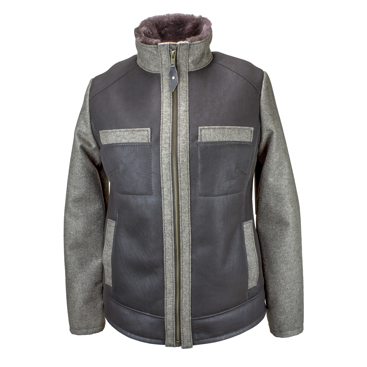 Lammfelljacke Modell Bern mit Ärmeln aus Loden, für Damen, Vorderansicht mit hochgestelltem Kragen