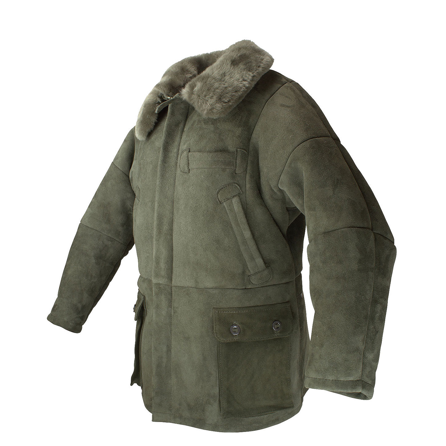Jagdjacke Grönland mit aufgesetzten Cargotaschen, echt Lammfell, Farbe Oliv, Seitenansicht