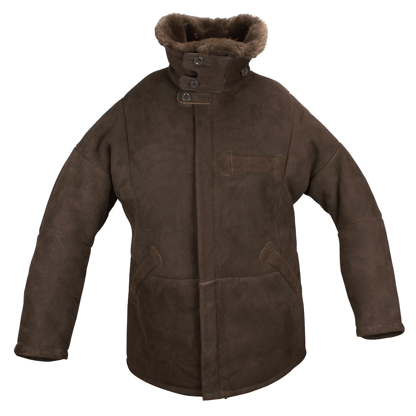 Jagdjacke Arktis, echt Lammfell, Farbe Braun, Vorderansicht, Kragen hochgestellt