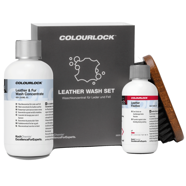 Set aus Waschmittel und Fixativ für Leder und Lammfell
